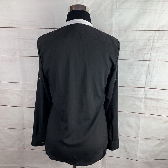 Calvin Klein XS Office Work Career Blouse Roll-up Sleeves Black White Gold Zip - Picture 5 of 16